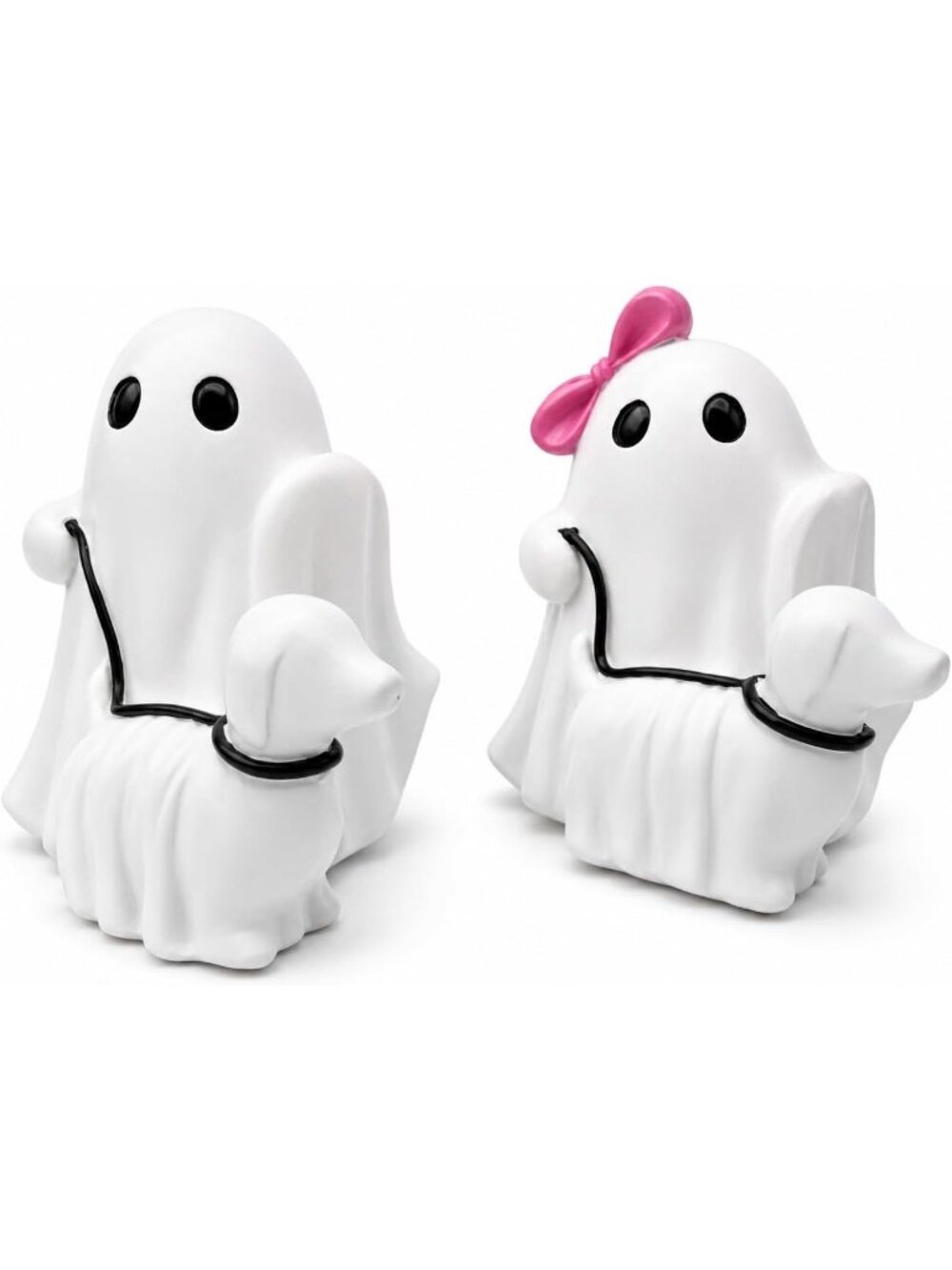 Ghost Walking Dog Halloween Figurine Cute Pink Bow Spooky Home Décor Statues